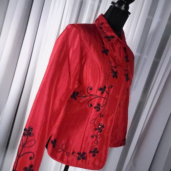 Carole Little Red 100% Silk Beaded Embroidered Statement Jacket Blazer Size S - Picture 3 of 16